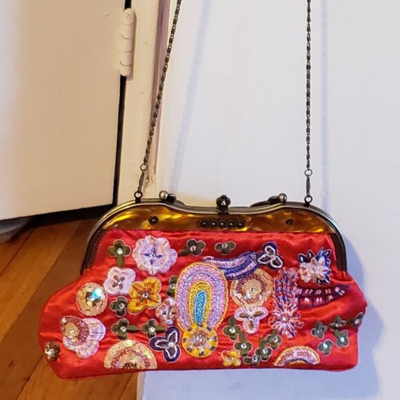 1990s Y2K Red Embroidered Beaded Sequins Bag Clutch Purse Mother of Pearl - Picture 8 of 11